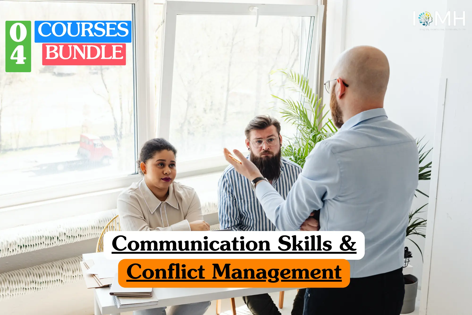 Theoretical professional development training banner featuring a male facilitator in a light blue shirt addressing two seated colleagues in an office setting, representing the study of interpersonal communication strategies, workplace dispute resolution, and effective negotiation techniques.