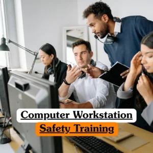 Theoretical occupational health and ergonomics training banner featuring a professional in a black sweater sitting at a modern office workstation, focusing on a laptop screen alongside a second vertical monitor, representing the study of safe digital workspace environments.