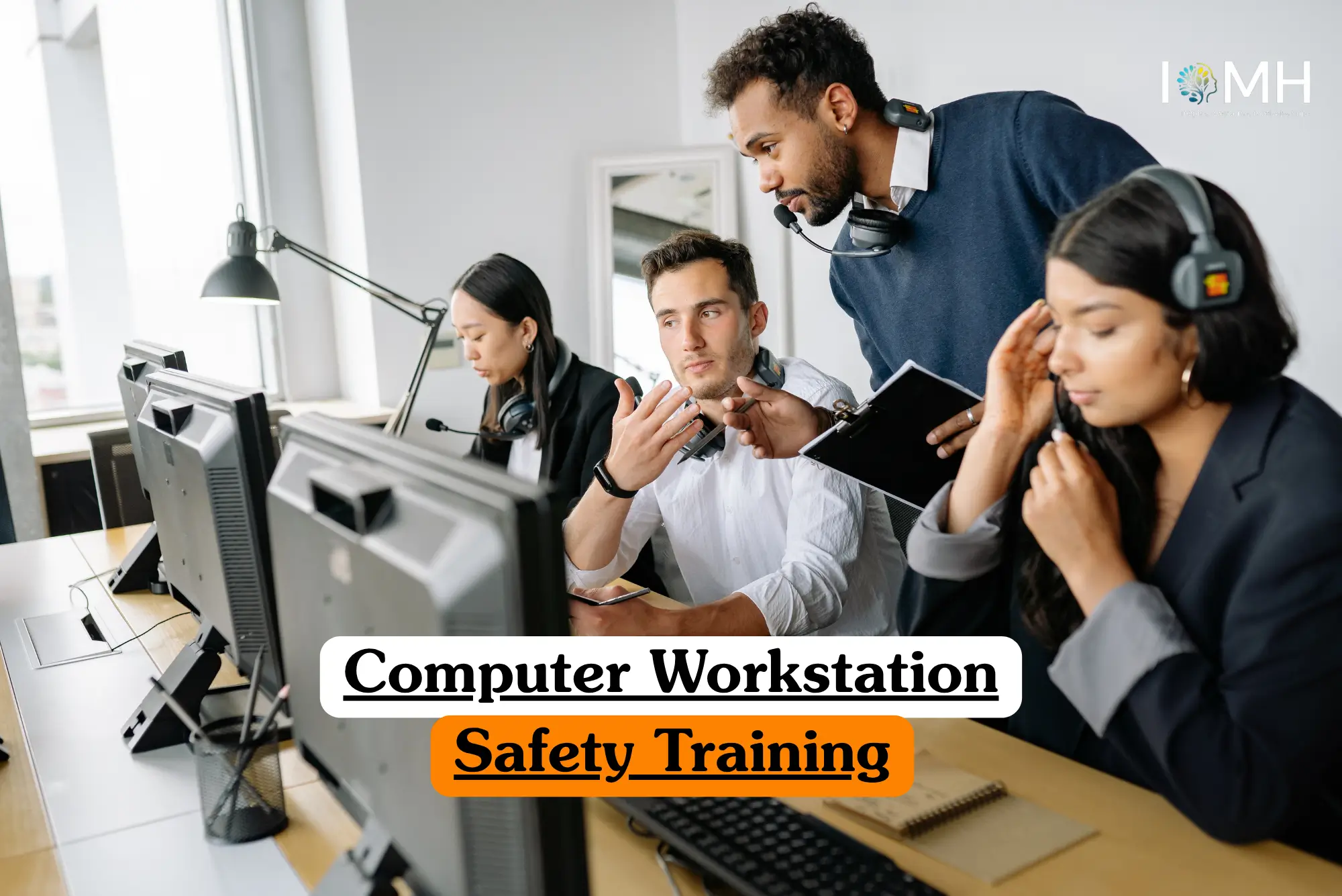 Theoretical occupational health and ergonomics training banner featuring a professional in a black sweater sitting at a modern office workstation, focusing on a laptop screen alongside a second vertical monitor, representing the study of safe digital workspace environments.