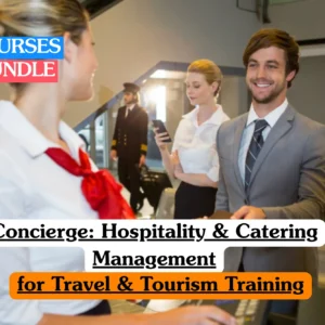 Theoretical hospitality and tourism management training banner featuring a professional concierge in a formal suit and tie, smiling while standing behind a reception desk in a luxury hotel lobby, representing the study of guest services and travel industry protocols.