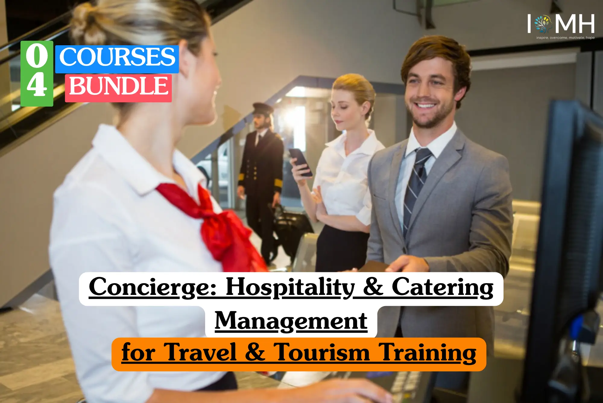 Theoretical hospitality and tourism management training banner featuring a professional concierge in a formal suit and tie, smiling while standing behind a reception desk in a luxury hotel lobby, representing the study of guest services and travel industry protocols.