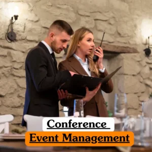 Theoretical hospitality and corporate logistics training banner featuring two event coordinators in professional business attire, one using a handheld radio while the other reviews a clipboard in a rustic stone-walled venue, representing the study of large-scale event planning, vendor coordination, and real-time operational management.
