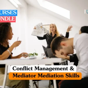 Theoretical workplace dispute resolution training banner featuring a blonde female professional holding a architectural plan and gesturing during a high-tension meeting with three colleagues in a bright office.