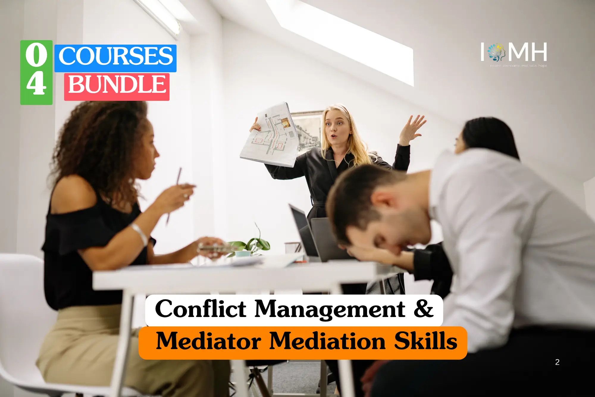 Theoretical workplace dispute resolution training banner featuring a blonde female professional holding a architectural plan and gesturing during a high-tension meeting with three colleagues in a bright office.