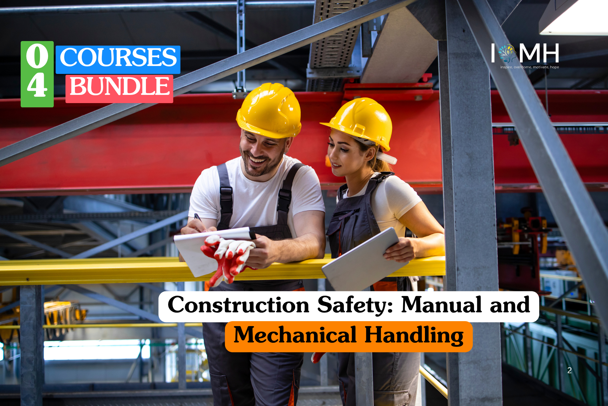 Construction safety training banner featuring a professional in a yellow high-visibility vest and hard hat operating a heavy-duty forklift to transport palletised materials on a busy construction site.