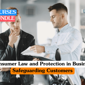 Consumer law training banner featuring a professional car salesman in a blue suit shaking hands with a customer in a showroom, representing successful commercial transactions and customer safeguarding.