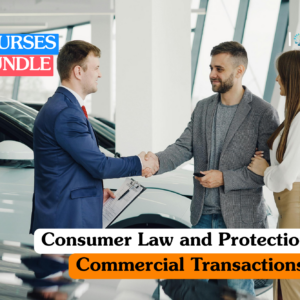 Consumer law training banner showing a car dealership transaction where a professional in a blue suit shakes hands with a male customer accompanied by a woman next to a white vehicle.