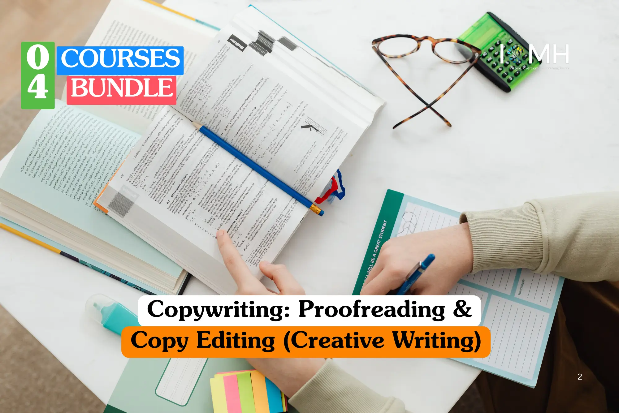 Theoretical creative writing and professional publishing training banner featuring a top-down view of a student’s hands using a blue pencil to proofread an open textbook on a white desk alongside a calculator and tortoise-shell glasses.