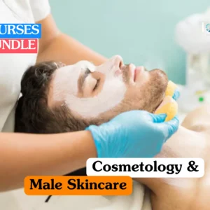 Professional beauty therapy training banner featuring a male client receiving a facial treatment, with a practitioner in blue gloves applying or removing a white skincare mask.