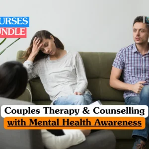 Theoretical psychological counseling and mental health awareness training banner featuring a counselor in the foreground conducting a session with a young couple sitting on an olive green sofa.