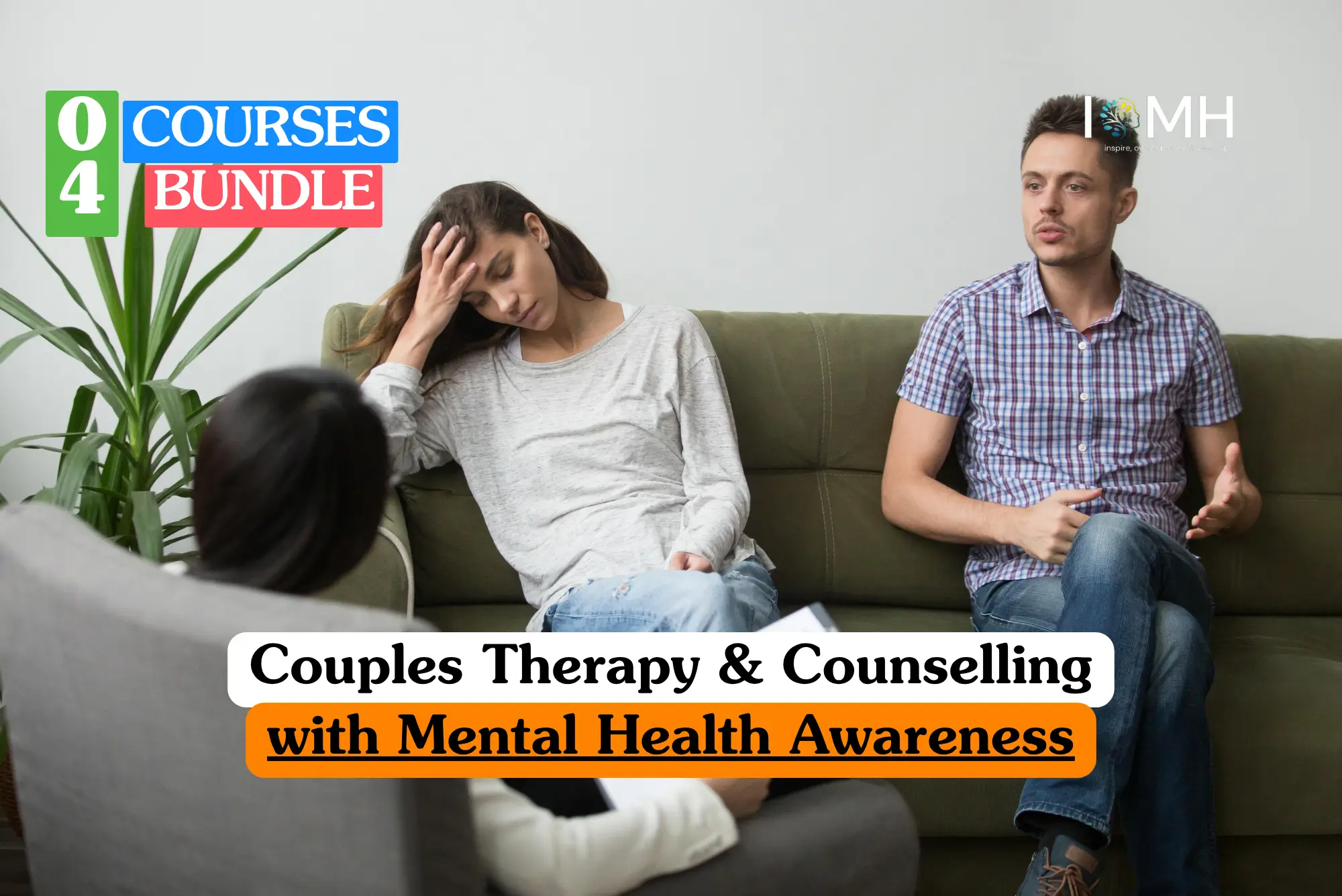 Theoretical psychological counseling and mental health awareness training banner featuring a counselor in the foreground conducting a session with a young couple sitting on an olive green sofa.