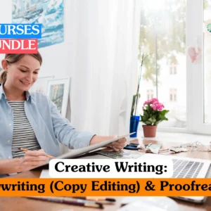 Professional writing training banner showing a woman sitting at a desk by a window, smiling as she works on a manuscript with a pencil while a laptop sits open nearby.