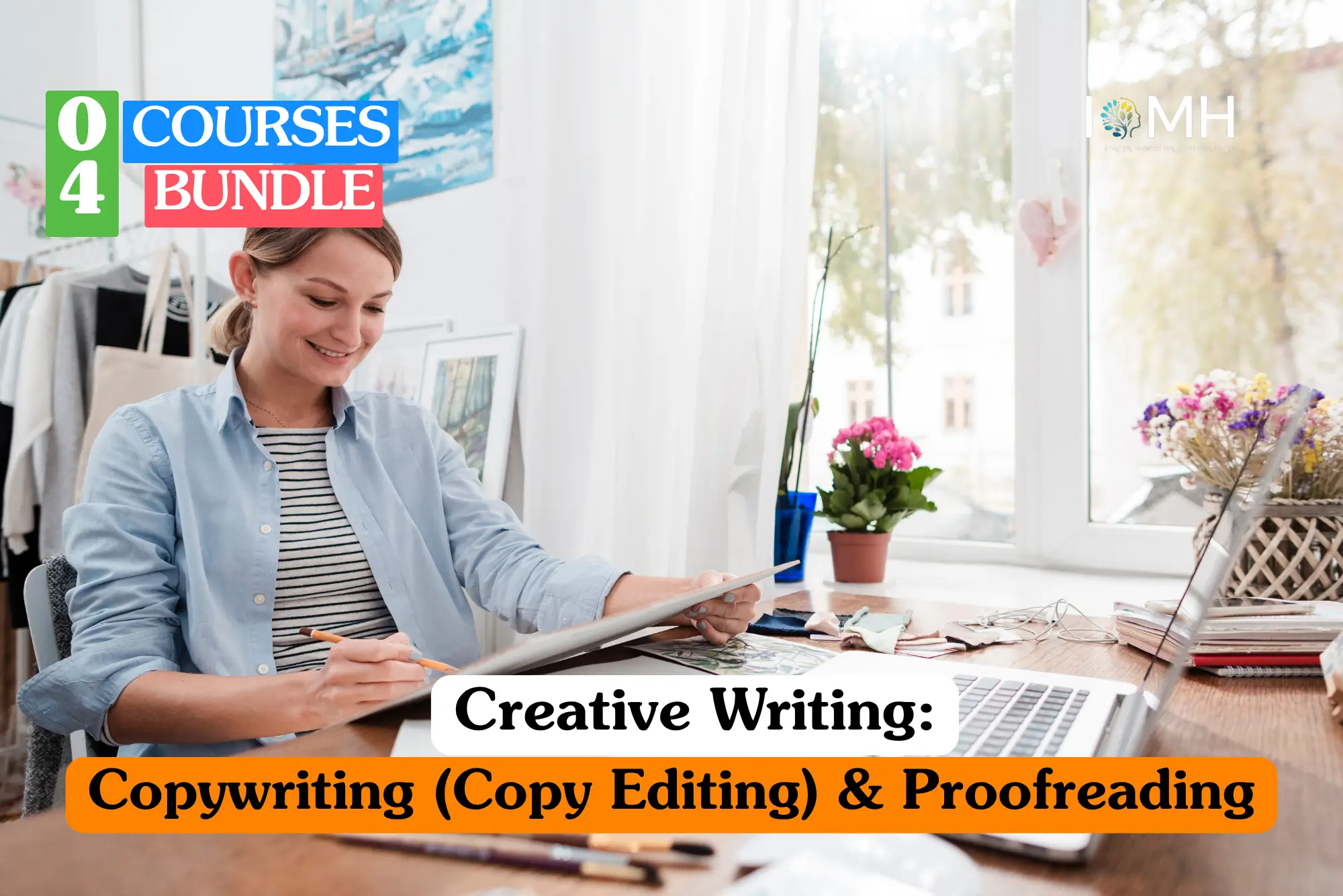 Professional writing training banner showing a woman sitting at a desk by a window, smiling as she works on a manuscript with a pencil while a laptop sits open nearby.