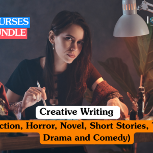 Creative writing training bundle banner featuring a young woman in a black top sitting at a desk with a lamp, holding a pen and looking thoughtfully at the camera, surrounded by decorative antlers and books.