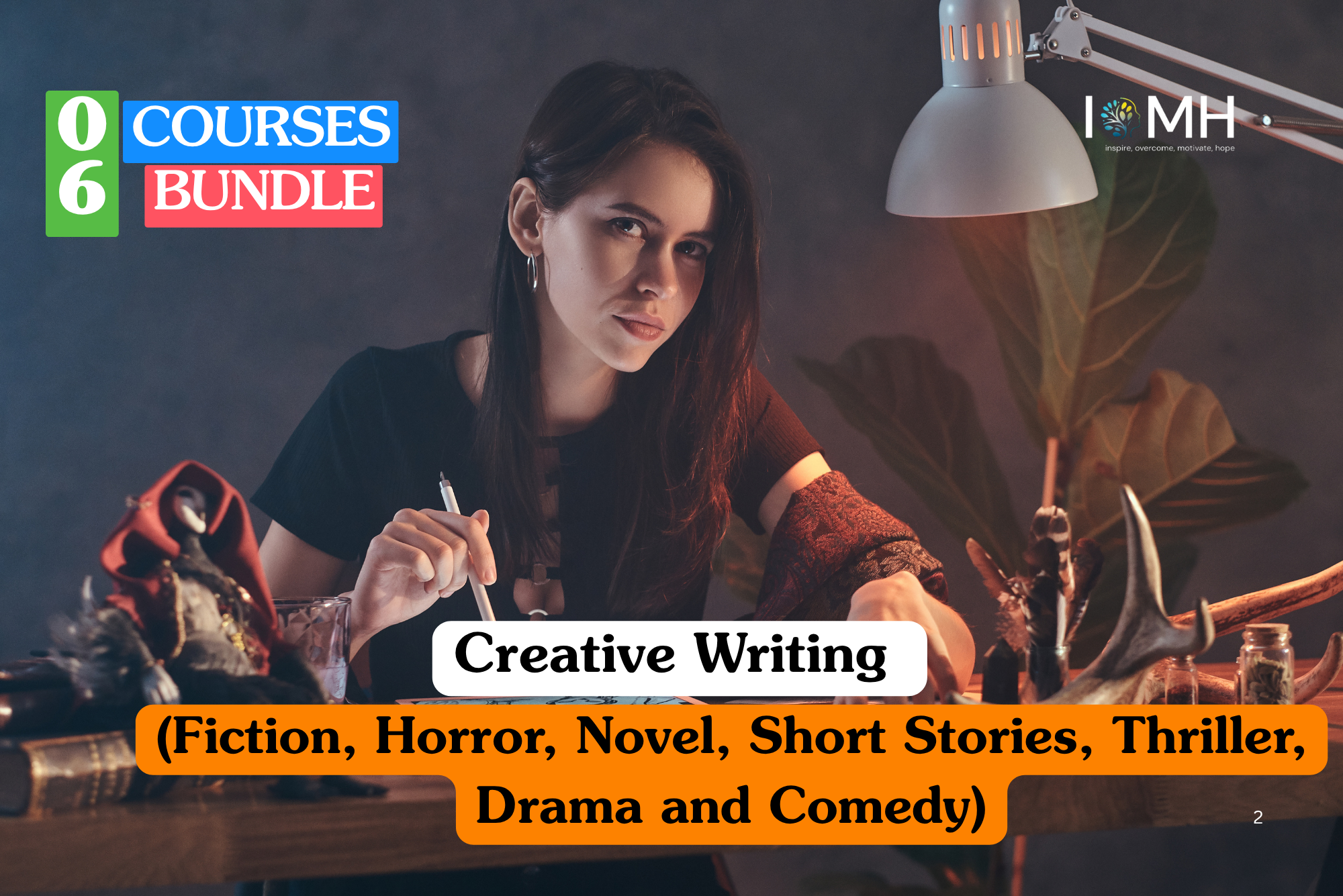 Creative writing training bundle banner featuring a young woman in a black top sitting at a desk with a lamp, holding a pen and looking thoughtfully at the camera, surrounded by decorative antlers and books.