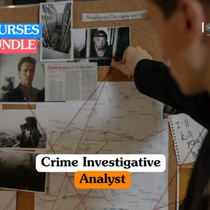 Theoretical criminology and forensic analysis training banner featuring an investigator’s hand pinning a portrait to a corkboard evidence map filled with crime scene photographs and red thread connections.