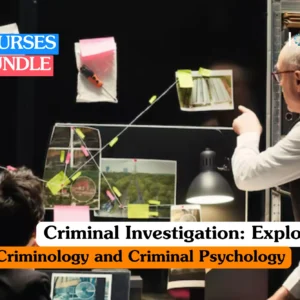 Criminology training banner featuring a forensic investigator in a white protective suit and blue gloves meticulously examining a crime scene, using a magnifying glass to inspect evidence.