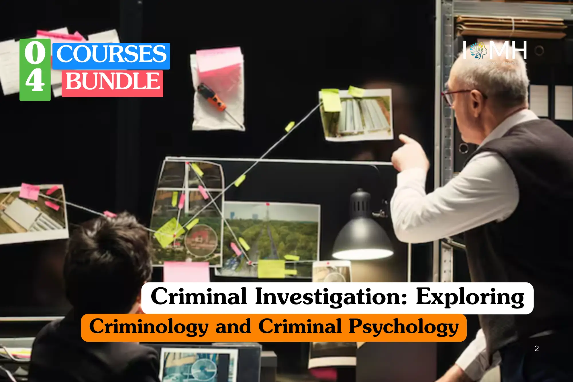 Criminology training banner featuring a forensic investigator in a white protective suit and blue gloves meticulously examining a crime scene, using a magnifying glass to inspect evidence.