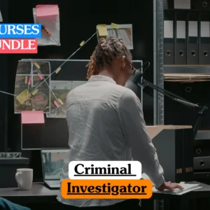 Theoretical criminal justice and law enforcement training banner featuring the back of a female investigator with braided hair working at a desk in a darkened office, reviewing case files next to an evidence board with photos and connecting strings, representing the study of criminal investigation procedures, evidence gathering, case management, and forensic analysis.