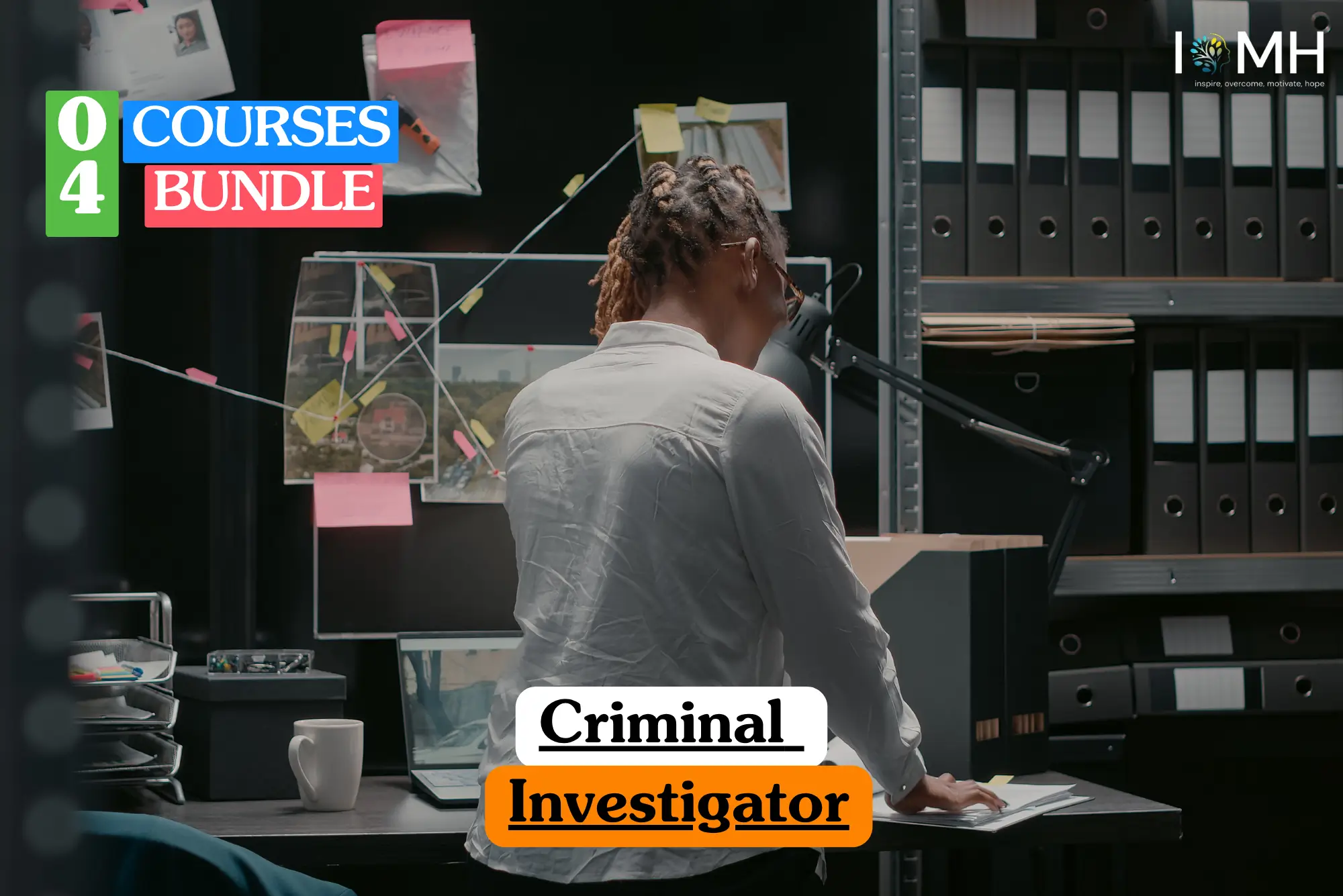 Theoretical criminal justice and law enforcement training banner featuring the back of a female investigator with braided hair working at a desk in a darkened office, reviewing case files next to an evidence board with photos and connecting strings, representing the study of criminal investigation procedures, evidence gathering, case management, and forensic analysis.