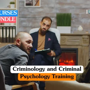Criminal psychology training banner featuring a male professional in a dark suit with a clipboard, listening to a man and woman during an investigative or therapeutic session in a professional office.