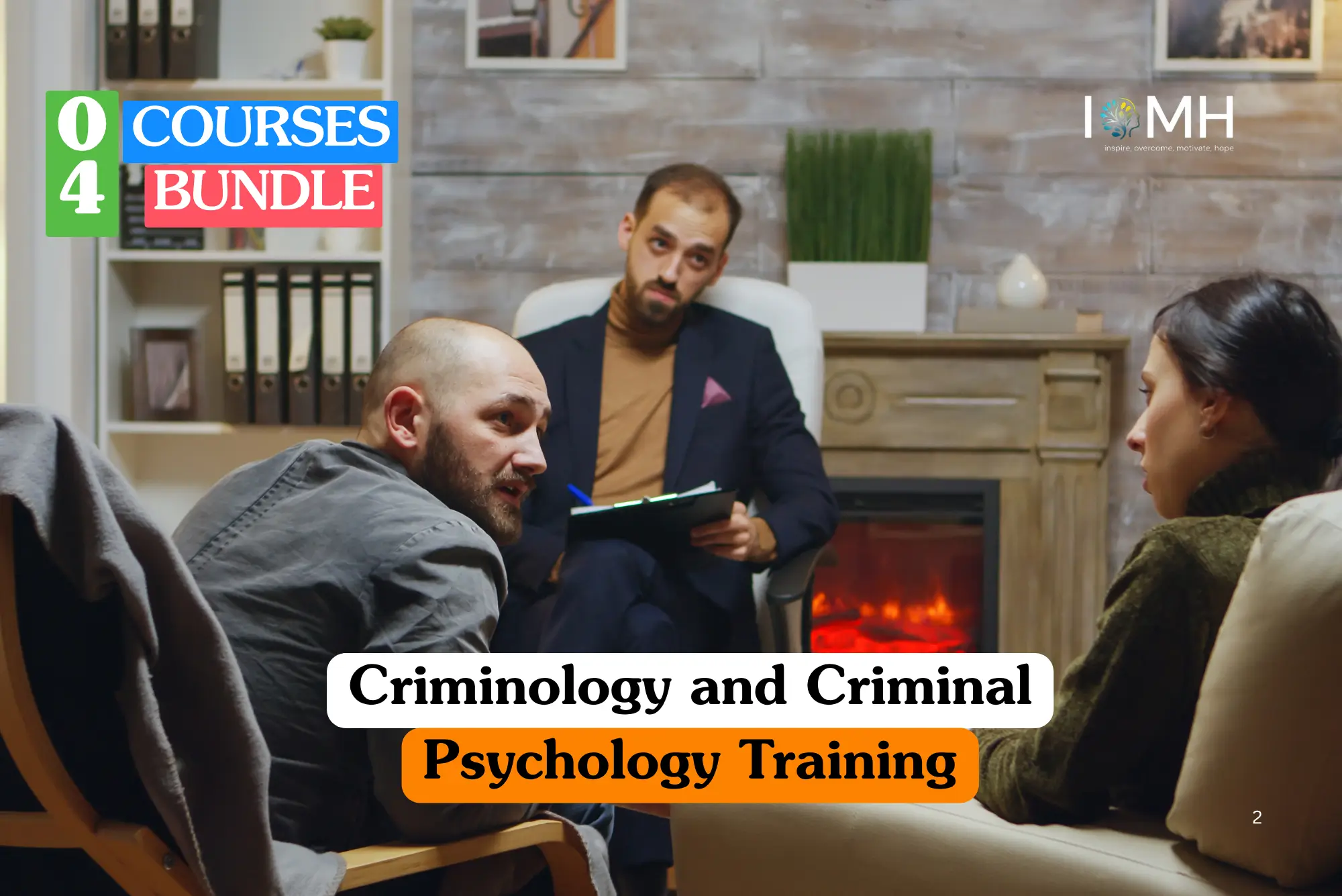 Criminal psychology training banner featuring a male professional in a dark suit with a clipboard, listening to a man and woman during an investigative or therapeutic session in a professional office.