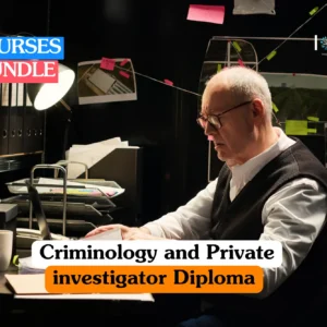 Theoretical criminal justice and private investigation training banner featuring a senior male investigator in a dark vest and glasses meticulously reviewing case files and evidence under a desk lamp in a dark incident room.