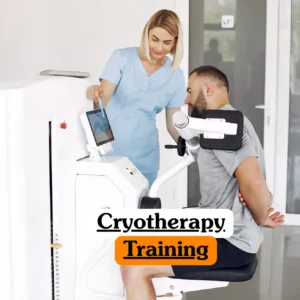 Theoretical healthcare and wellness training banner featuring a female professional in medical scrubs operating a specialized cryotherapy machine while a male client is positioned for a session.