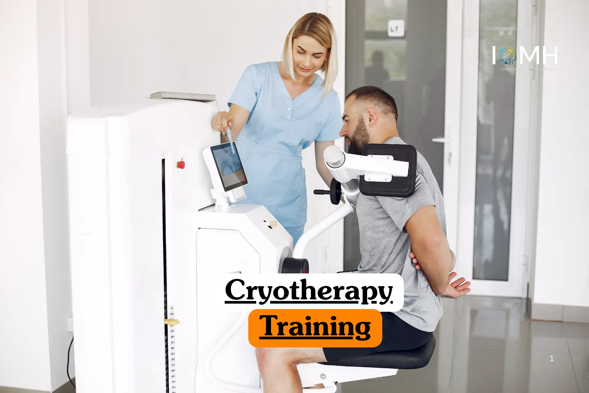 Theoretical healthcare and wellness training banner featuring a female professional in medical scrubs operating a specialized cryotherapy machine while a male client is positioned for a session.