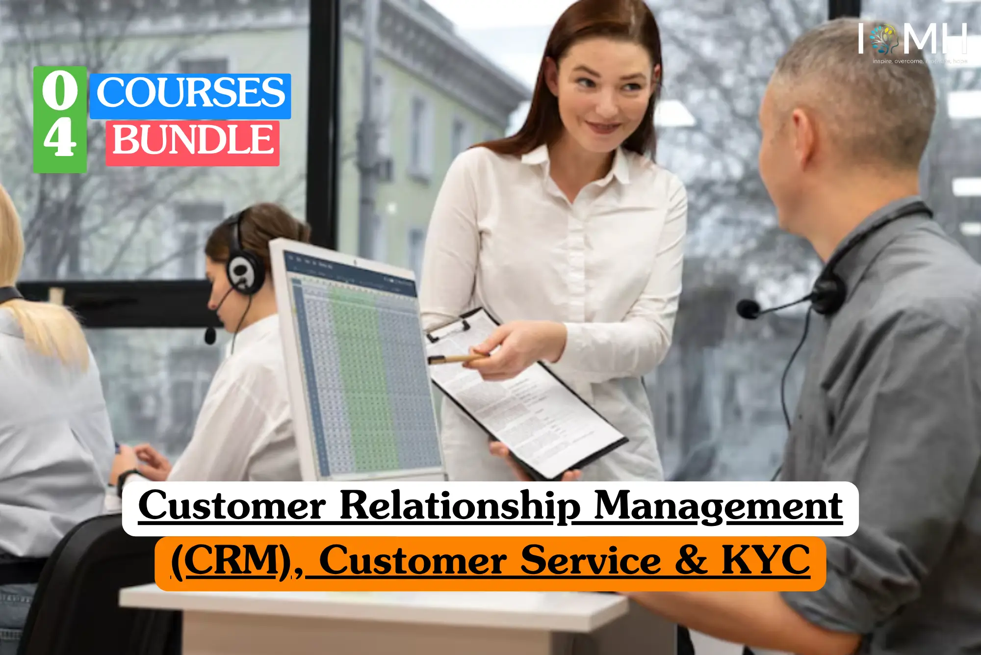 Theoretical business operations and client management training banner featuring a customer service team in a modern office environment, with a female supervisor assisting a colleague at a computer workstation, representing the study of CRM systems, professional service standards, and "Know Your Customer" (KYC) compliance protocols.