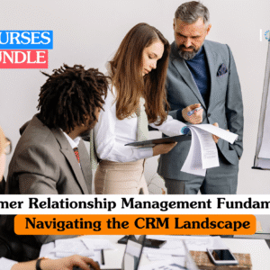 Business management training banner showing a team of professionals in an office setting, with a senior manager in a grey suit and a female colleague reviewing documents near a whiteboard depicting sales growth.
