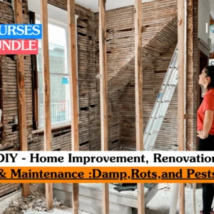 Theoretical residential surveying and building maintenance training banner featuring a female professional in a red shirt inspecting the exposed timber lath and stud wall framing of a house under renovation.