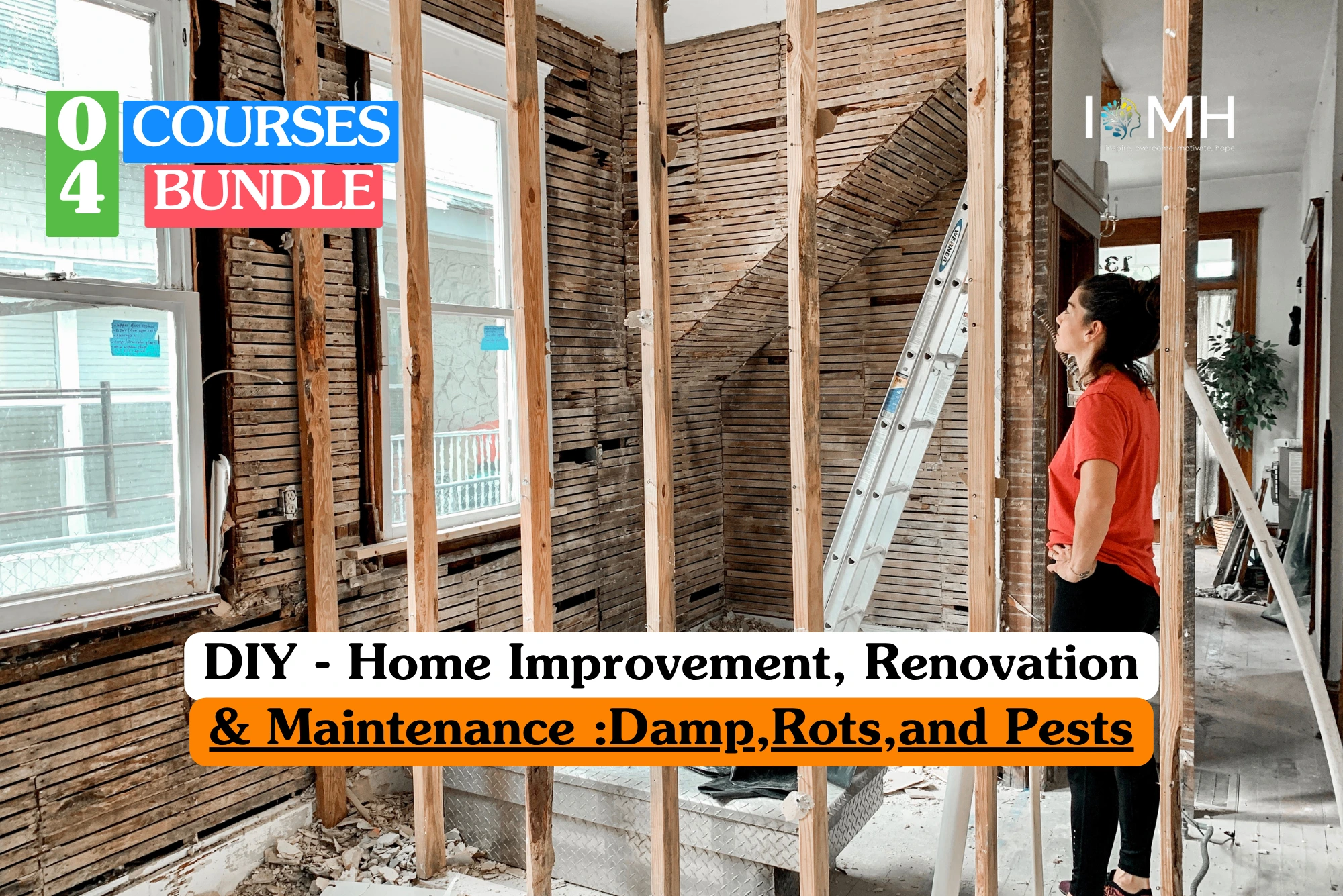 Theoretical residential surveying and building maintenance training banner featuring a female professional in a red shirt inspecting the exposed timber lath and stud wall framing of a house under renovation.