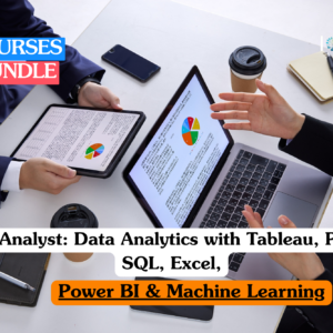 Data analyst training bundle banner featuring a top-down view of two professionals in business suits analyzing colorful pie charts and data reports on a laptop and tablet at a white desk.