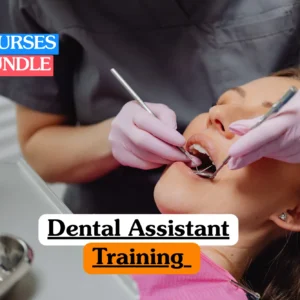 Theoretical dentistry and clinical support training banner featuring a female dental professional in a white tunic and face mask performing a procedure on a patient in a modern dental surgery, representing the study of chairside assistance, oral health protocols, and dental instrument sterilization.