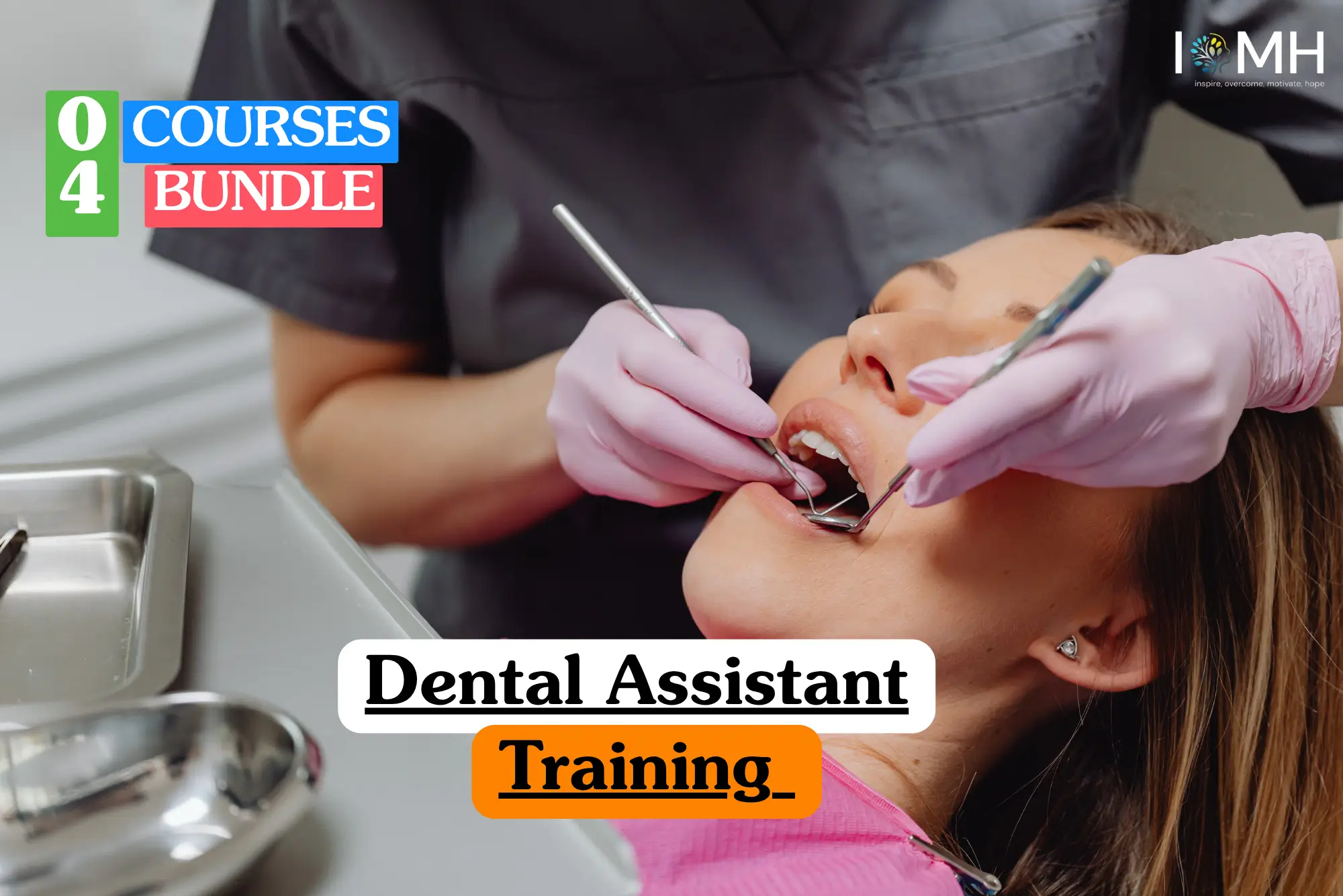 Theoretical dentistry and clinical support training banner featuring a female dental professional in a white tunic and face mask performing a procedure on a patient in a modern dental surgery, representing the study of chairside assistance, oral health protocols, and dental instrument sterilization.