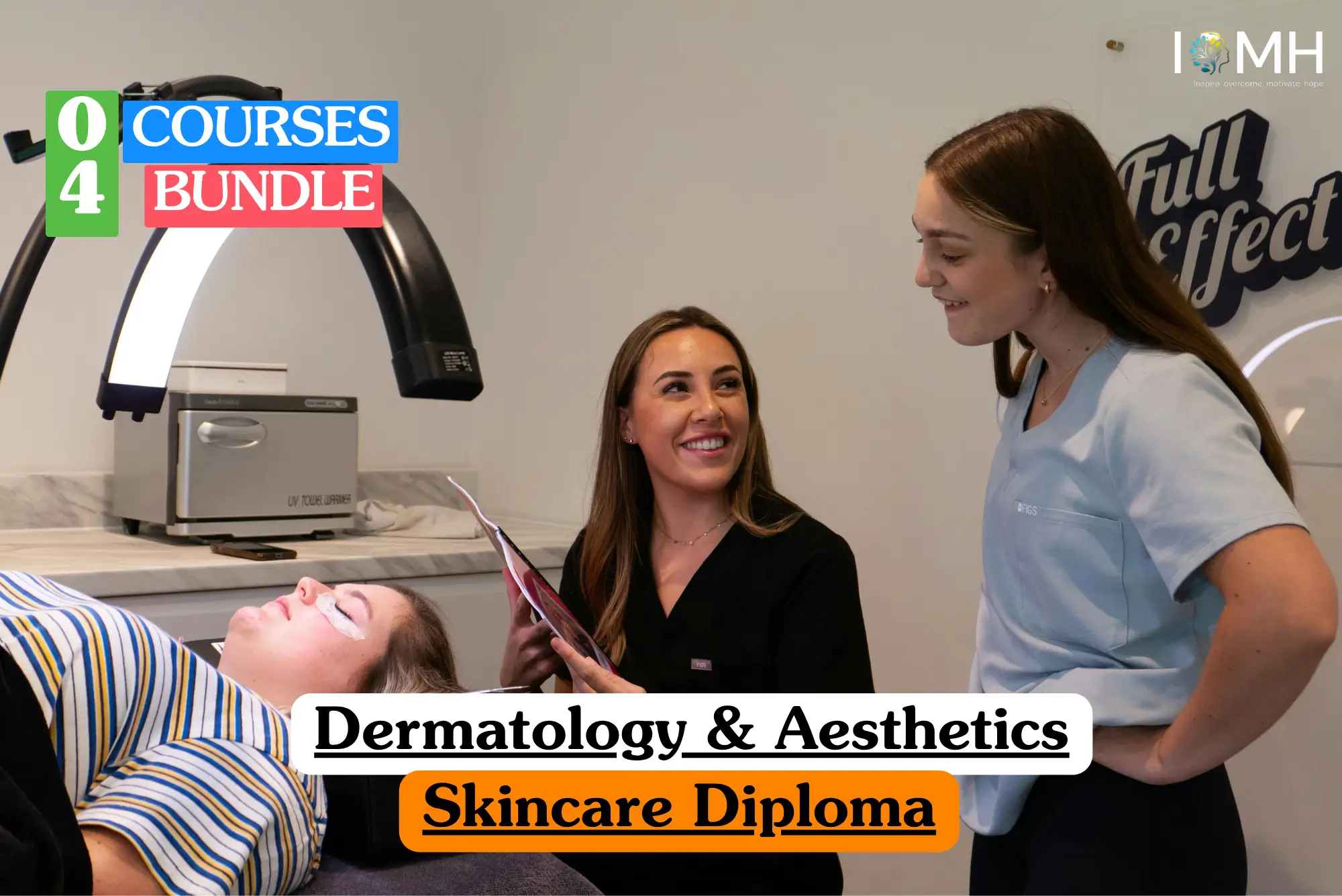 Theoretical aesthetics and skincare training banner featuring two professional clinicians in medical scrubs consulting with a patient undergoing a facial treatment in a modern aesthetic clinic, representing the study of dermatological health, skin analysis, and professional facial rejuvenation techniques.