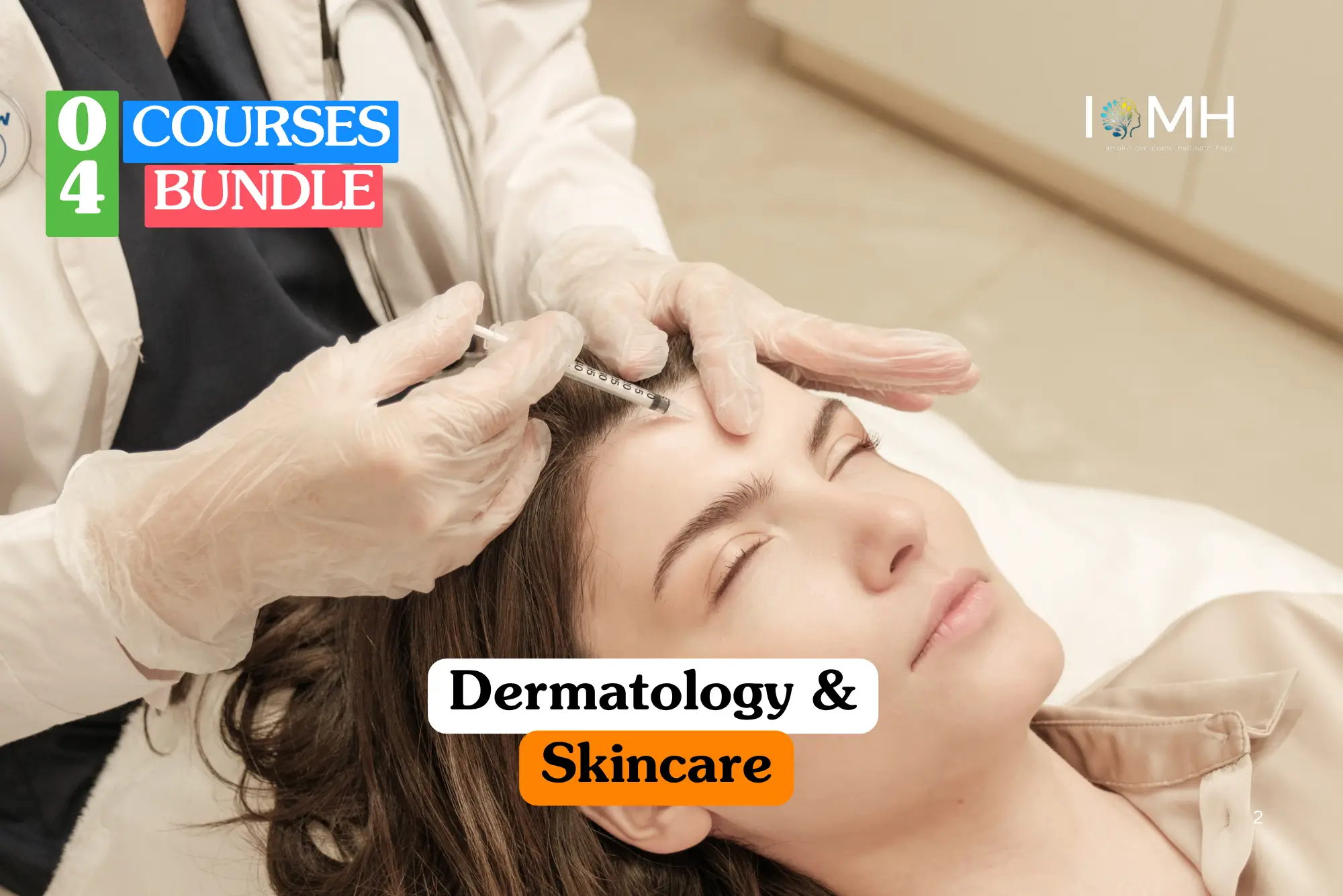 Theoretical aesthetics and clinical skincare training banner featuring a medical professional in a white lab coat and gloves performing a forehead injection on a female patient in a clinical setting.