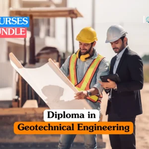 Theoretical civil engineering and soil mechanics training banner featuring a site engineer in a yellow safety helmet and high-visibility vest reviewing architectural blueprints with a project manager in a suit and white hard hat on a sunlit construction site.
