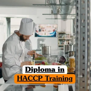 Theoretical food safety and quality management training banner featuring professional chefs in white uniforms preparing food in a commercial kitchen, representing the study of Hazard Analysis and Critical Control Points (HACCP) protocols.