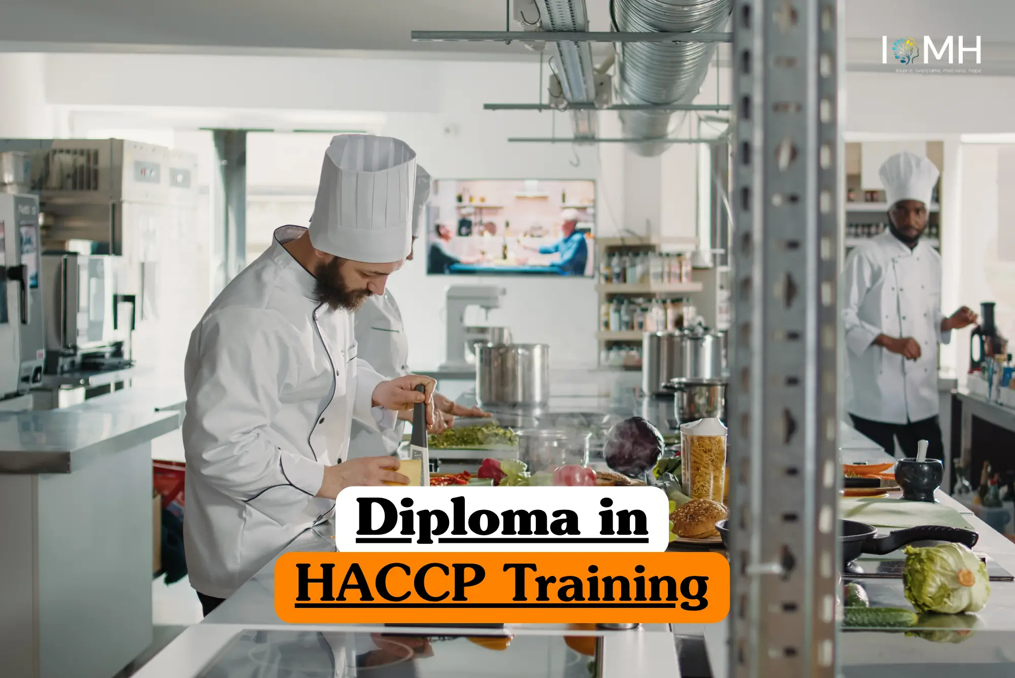 Theoretical food safety and quality management training banner featuring professional chefs in white uniforms preparing food in a commercial kitchen, representing the study of Hazard Analysis and Critical Control Points (HACCP) protocols.