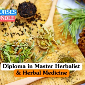 Theoretical naturopathy and botanical medicine training banner featuring a wooden surface arranged with wooden spoons holding various dried medicinal herbs, loose tea leaves, and a large pine cone.