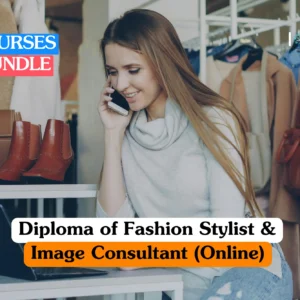 Theoretical personal branding and wardrobe management training banner featuring a smiling professional woman with long brown hair talking on a smartphone while sitting at a desk with a laptop in a retail boutique setting.