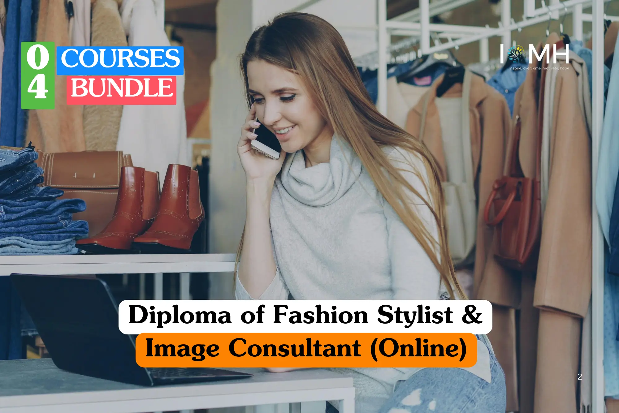 Theoretical personal branding and wardrobe management training banner featuring a smiling professional woman with long brown hair talking on a smartphone while sitting at a desk with a laptop in a retail boutique setting.