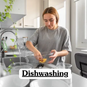 Theoretical hospitality and kitchen operations training banner featuring a young woman in a grey t-shirt manually cleaning glassware in a modern domestic kitchen sink, representing the study of professional hygiene standards, sanitation protocols, and industrial pot washing techniques.