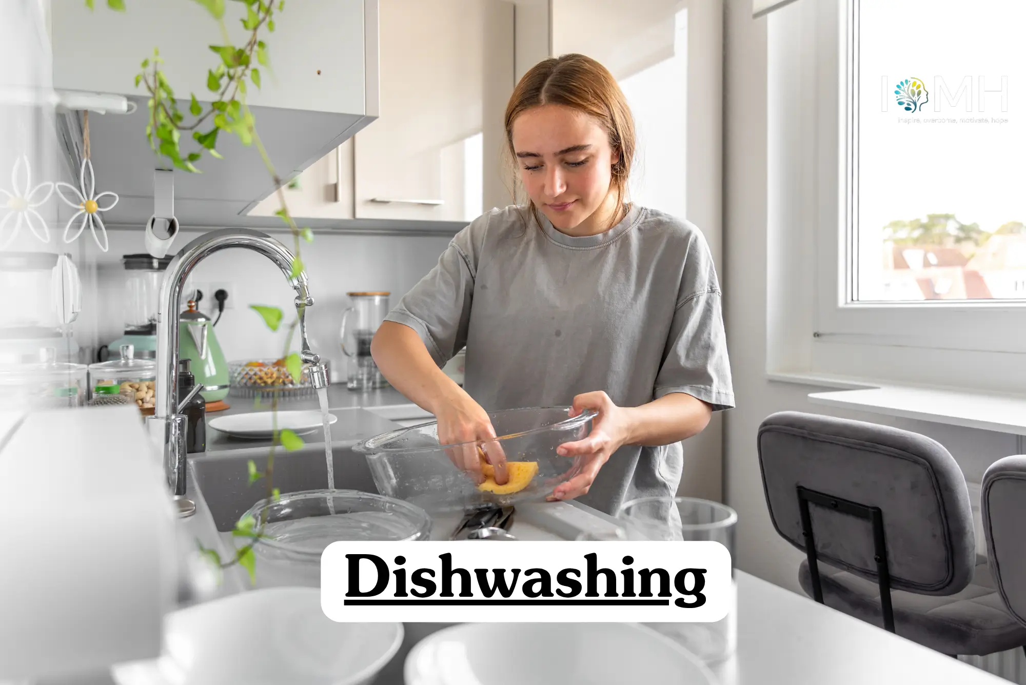 Theoretical hospitality and kitchen operations training banner featuring a young woman in a grey t-shirt manually cleaning glassware in a modern domestic kitchen sink, representing the study of professional hygiene standards, sanitation protocols, and industrial pot washing techniques.