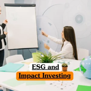 Theoretical finance and sustainable development training banner featuring a professional woman presenting at a whiteboard while two colleagues observe in a modern office, representing the study of ethical investment strategies.