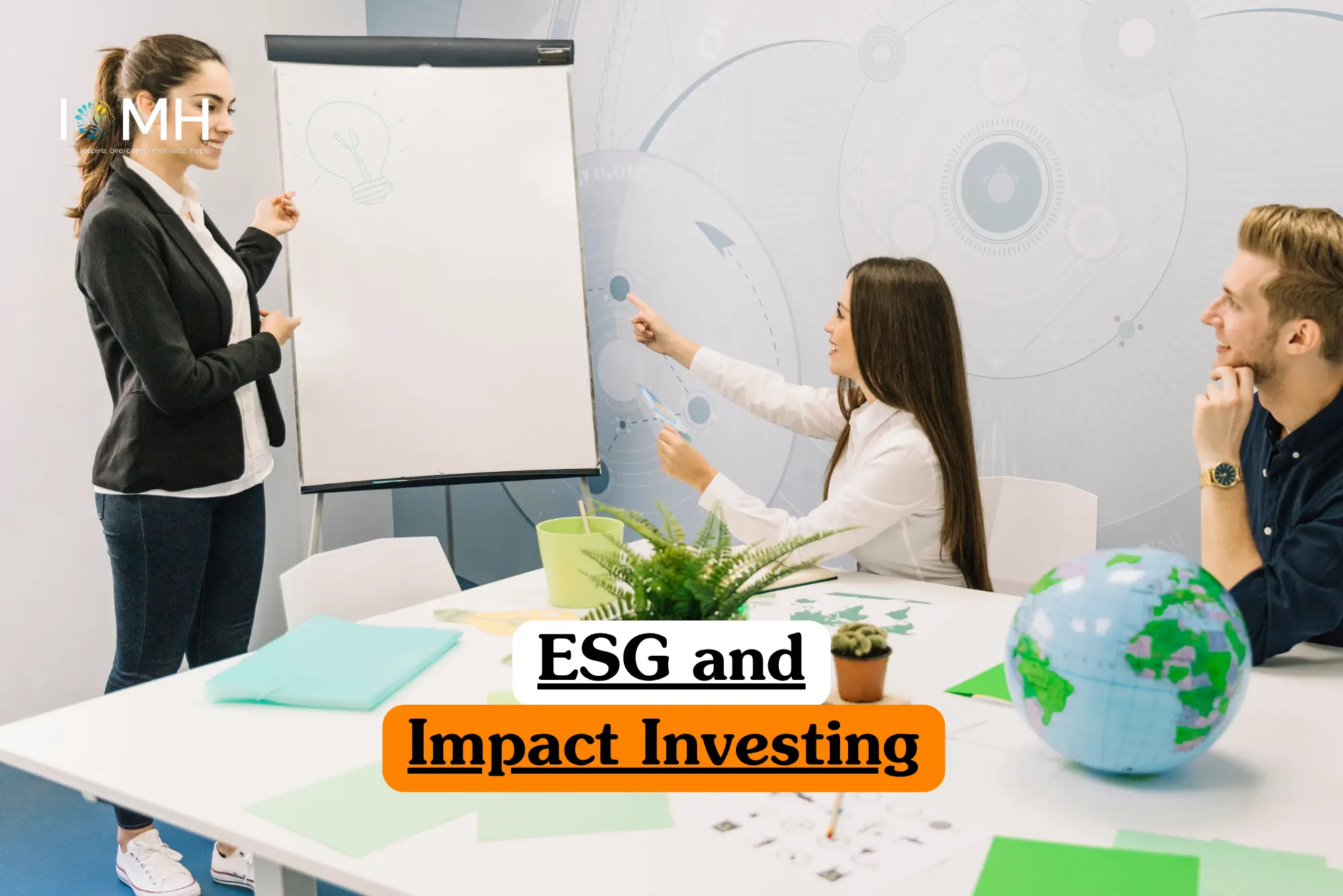 Theoretical finance and sustainable development training banner featuring a professional woman presenting at a whiteboard while two colleagues observe in a modern office, representing the study of ethical investment strategies.