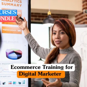 Theoretical digital marketing and online retail training banner featuring a female professional in a pink jumper sitting on a grey sofa, holding a credit card while using a laptop for an ecommerce transaction.