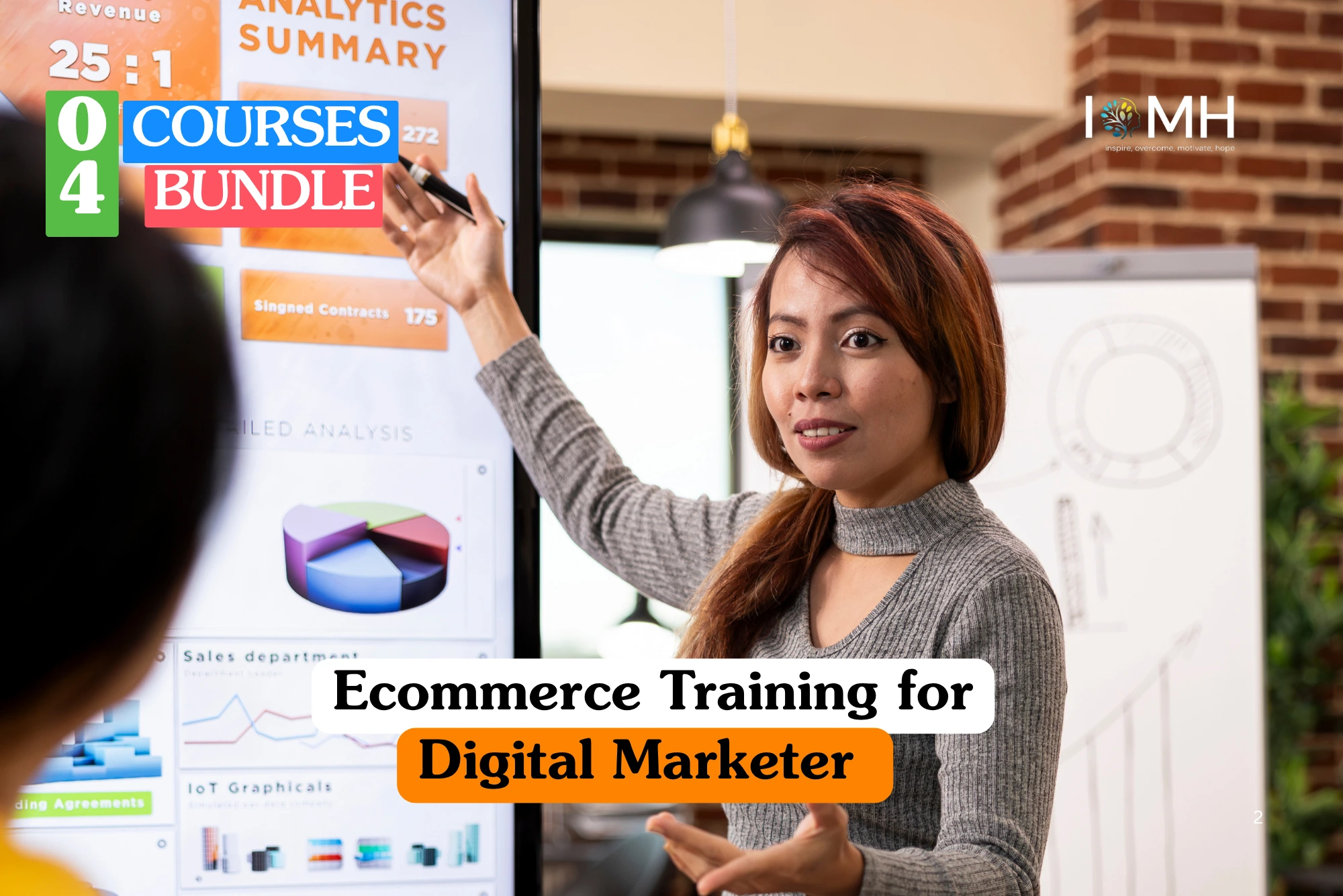 Theoretical digital marketing and online retail training banner featuring a female professional in a pink jumper sitting on a grey sofa, holding a credit card while using a laptop for an ecommerce transaction.